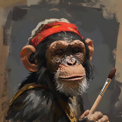 Porträt eines Schimpansen-Künstlers mit rotem Bandana und Pinsel